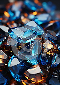 Closeup of a Pile of Blue Gold Crystals Refracting Diamonds and