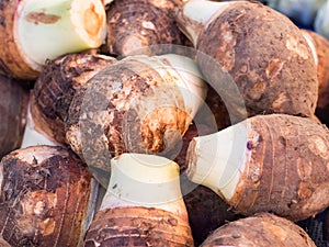 Closeup pile of fresh organic taro for retail sale in local market, Thailand