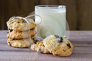 Closeup of pile made from homemade moms chocolate cookies and glass of milk