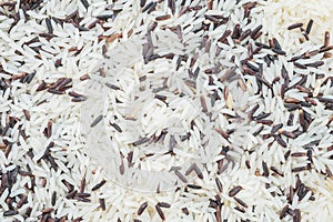 Closeup pile of mix rice by jasmine rice and riceberry rice textured background