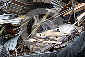 Closeup of a Pile of Scrap Metal, Broken Wood and Plastic