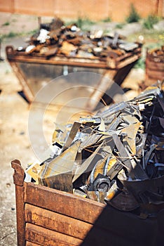 Closeup pile of scrap metal junk garbage