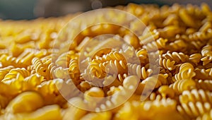 Closeup of a pile of uncooked fusilli pasta
