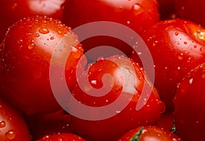 Closeup of a pile of wet cherry tomatoes