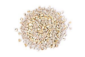 Closeup pile of white Job`s tears  Adlay millet or pearl millet  isolated on white
