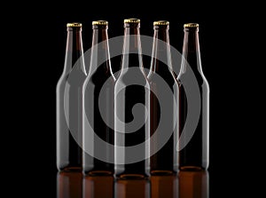Closeup pin of brown beer bottles. 3D render, studio light, dark mirror background.
