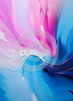 Closeup of a pink and blue flower with an abstract white fluid b