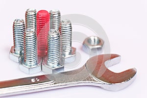 Closeup of pink bolt n a group of galvanized metallic screws, wrench and nut. Dissimilarity, uniqueness, originality concept photo