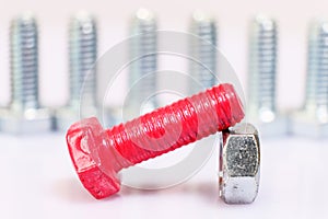Closeup of pink bolt and nut n a group of galvanized metallic screws. Leadership, dominance, dissimilarity concept photo