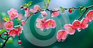 Closeup pink flowers with droplets of water on them. Blossom quince branch