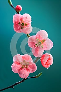 Closeup pink flowers with droplets of water on them. Blossom quince branch