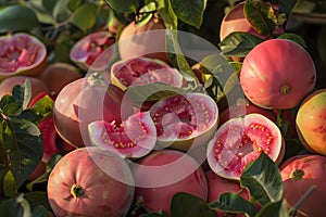 A closeup of pink guava fruits, cut open to reveal their juicy interiors and bright shades of pink. Ai generated