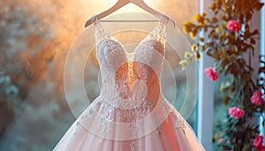 Closeup pink wedding dress in bridal room background. Banner. Front view of stylish dress for wedding day. Beautiful clothes for