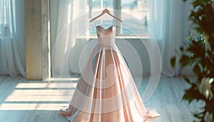 Closeup pink wedding dress in bridal room background. Banner. Front view of stylish dress for wedding day. Beautiful clothes for