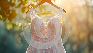 Closeup pink wedding dress in bridal room near garden background. Banner. Front view of stylish dress for wedding day. Beautiful