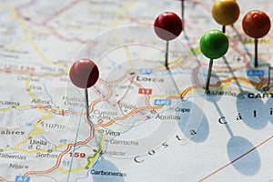 Closeup of pins on the map planning travel journey