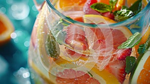A closeup of a pitcher containing a delicious and hydrating fruitinfused water surrounded by slices of fruit and