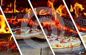 Closeup pizza in firewood oven with flame behind photo collage