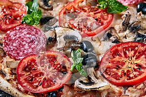 Closeup of pizza with salami, tomatoes and olives