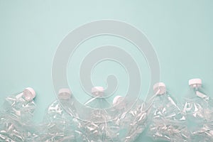 Closeup plastic bottles  recycle on light blue background concept