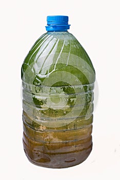 Closeup of a plastic old dirty water bottle. Isolated on a white background