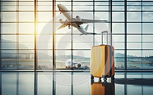 Closeup of plastic suitcase standing at empty airport corridor, terminal hall, banner for air travelling