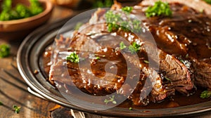 A closeup of a plate of savory brisket slowcooked and covered in a rich homemade gravy a traditional main dish for photo