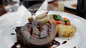 A closeup of a plate with a succulent steak perfectly cooked and glistening under the light. Beside it sits a gl of