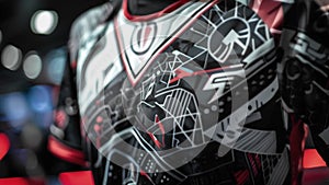 A closeup of a players team jersey adorned with futuristic patterns and designs. The team logo is prominently displayed