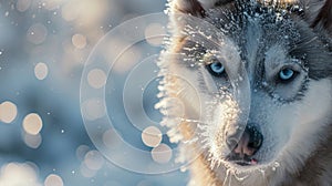 Closeup of a playful husky pup its adorable face adorned with frosty ice crystals clinging to its delicate whiskers