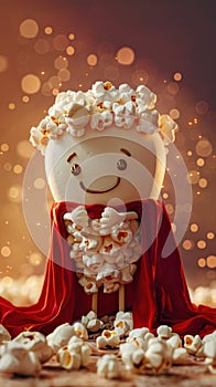 Closeup of a playful popcorn character with a villainous cape, 3D rendered to highlight its cute yet bad side , studio lighting