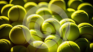 Closeup of a plenty of tennis balls on an empty tennis court, the sunshine. Sports lifestyle concept. Generative AI