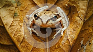 Closeup of a plump brown tree frog blending into the earthy tones of a textured leaf. Its round beady eyes seem to be