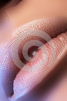 Closeup plump Lips. Lip Care, Augmentation, Fillers. Macro photo with Face detail. Natural shape with perfect contour