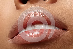 Closeup plump Lips. Lip Care, Augmentation, Fillers. Macro photo with Face detail. Natural shape with perfect contour