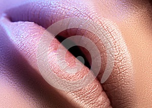 Closeup plump Lips. Lip Care, Augmentation, Fillers. Macro photo with Face detail. Natural shape with perfect contour photo