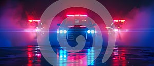 Closeup of police car siren flashing in red and blue lights. Concept Law Enforcement, Emergency