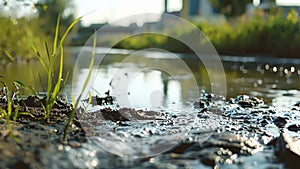 A closeup of a polluted river showcasing the impact of chemical runoff from factories producing cleaning agents and the