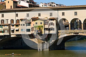 Closeup of Ponte Vecchio old bridge over river Arno - Florence, Tuscany, Italy