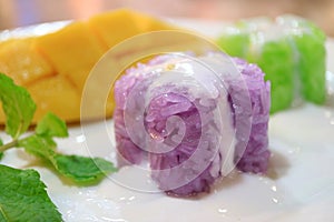 Closeup Popular Thai Purple Sticky Rice with Creamy Coconut Milk and Fresh Ripe Mango