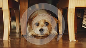 Closeup portarit of scared cute dog hiding under chair at home