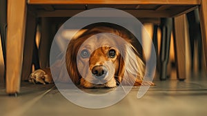 Closeup portarit of scared cute dog hiding under chair at home