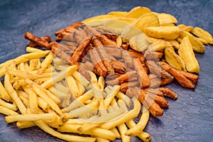 Closeup of a portion of French fries on the table