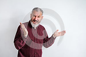 Closeup portrait of angry upset gray bearded man, worker, employee, business man hands in airion