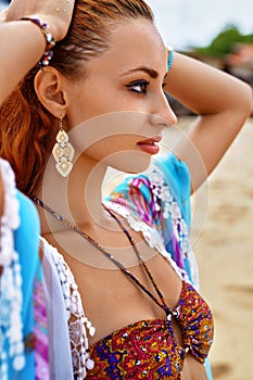 Closeup Portrait Of Beautiful Girl In Bikini On Beach