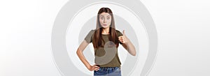 Closeup portrait of a beautiful young woman showing thumbs up sign. Isolate over white background.