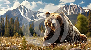 Closeup portrait of big brown bear grizzly in the mountains with cliff and forest mountain
