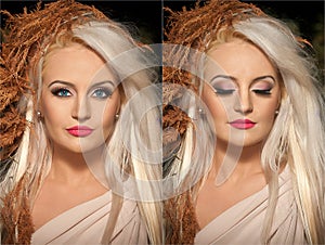 Closeup portrait of blonde woman with creative autumnal haircut, studio shot. Long fair hair girl with professional makeup