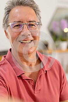 Closeup portrait of caucasian smiling senior man wearing glasses at home, copy space