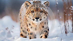 Closeup portrait of cheetah on the snow in winter nature